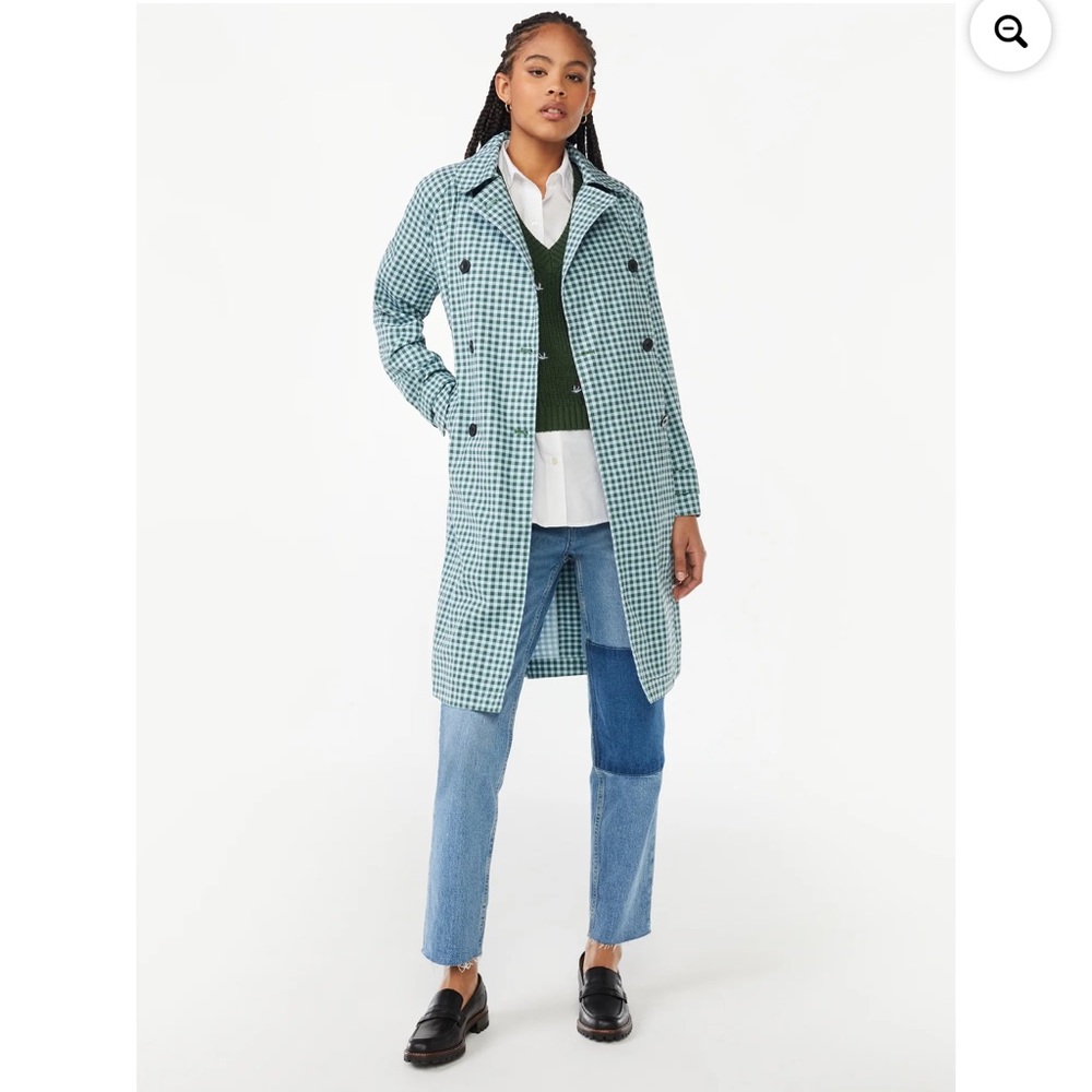 NWOT Free Assembly Plaid Blue & Green Checkered Gingham Everyday Trench Coat - Picture 2 of 16